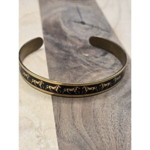 Vintage MCM Black Enamel And Brass Horse Open Bangle Bracelet